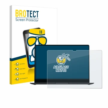 Face avant d’un emballage produit avec le logo de la marque BROTECT. À côté, l’appareil Samsung Galaxy Book4 Pro 14