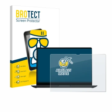 Face avant d’un emballage produit avec le logo de la marque BROTECT. À côté, l’appareil Samsung Galaxy Book4 Ultra 16