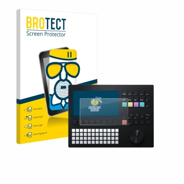 Face avant d’un emballage produit avec le logo de la marque BROTECT. À côté, l’appareil Polyend Tracker est représenté avec la