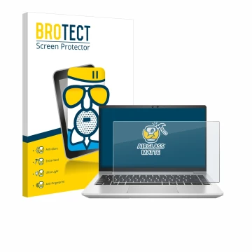 Face avant d’un emballage produit avec le logo de la marque BROTECT. À côté, l’appareil HP ProBook 445 G7 est représenté avec 