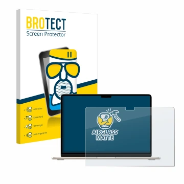 Face avant d’un emballage produit avec le logo de la marque BROTECT. À côté, l’appareil Apple MacBook Air 15