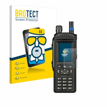 Face avant d’un emballage produit avec le logo de la marque BROTECT. À côté, l’appareil Motorola MTP6650 est représenté avec l