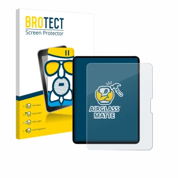 Face avant d’un emballage produit avec le logo de la marque BROTECT. À côté, l’appareil Apple iPad Pro 13