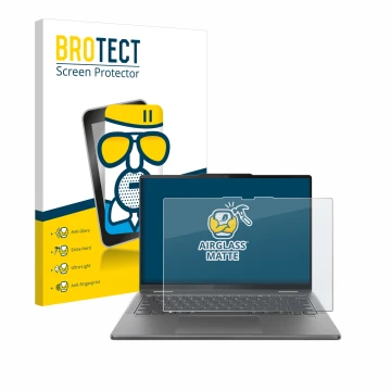 Face avant d’un emballage produit avec le logo de la marque BROTECT. À côté, l’appareil Lenovo Yoga 7 2-in-1 Gen 9 14