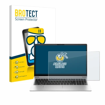 Face avant d’un emballage produit avec le logo de la marque BROTECT. À côté, l’appareil HP EliteBook 640 G10 est représenté av