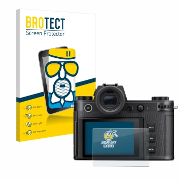 Face avant d’un emballage produit avec le logo de la marque BROTECT. À côté, l’appareil Leica SL3 est représenté avec la prote