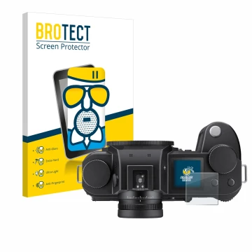 Face avant d’un emballage produit avec le logo de la marque BROTECT. À côté, l’appareil Leica SL3 (affichage des épaules) est 