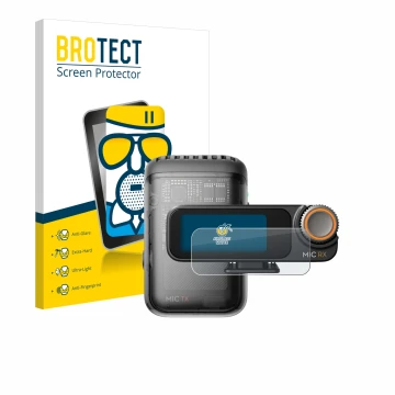 Face avant d’un emballage produit avec le logo de la marque BROTECT. À côté, l’appareil DJI Mic 2 (Receiver) est représenté av