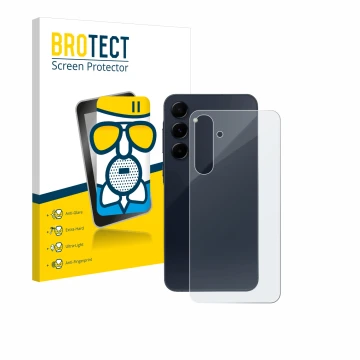 Face avant d’un emballage produit avec le logo de la marque BROTECT. À côté, l’appareil Samsung Galaxy A55 5G (Arrière) est re