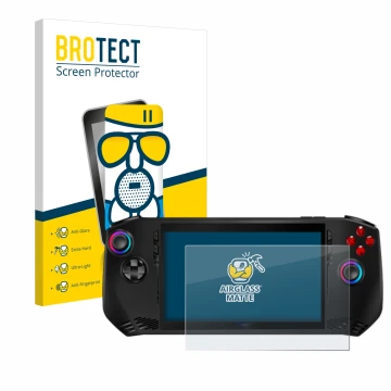 Face avant d’un emballage produit avec le logo de la marque BROTECT. À côté, l’appareil MSI Claw A1M est représenté avec la pr