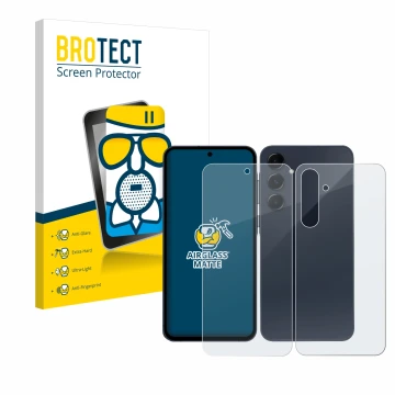 Face avant d’un emballage produit avec le logo de la marque BROTECT. À côté, l’appareil Samsung Galaxy A35 5G (Avant+Arrière) 