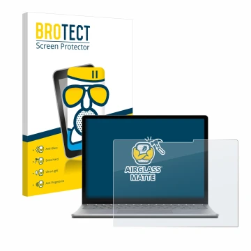 Face avant d’un emballage produit avec le logo de la marque BROTECT. À côté, l’appareil Microsoft Surface Laptop 6 15