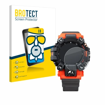 Face avant d’un emballage produit avec le logo de la marque BROTECT. À côté, l’appareil Casio G-Shock GW-9500 est représenté a