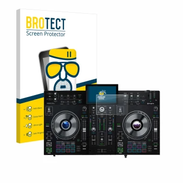 Face avant d’un emballage produit avec le logo de la marque BROTECT. À côté, l’appareil Denon DJ Prime 2 est représenté avec l