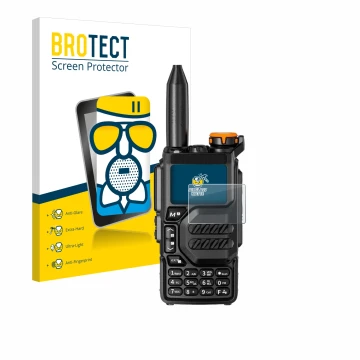 Face avant d’un emballage produit avec le logo de la marque BROTECT. À côté, l’appareil Quansheng UV-K5 est représenté avec la