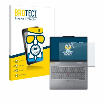 Face avant d’un emballage produit avec le logo de la marque BROTECT. À côté, l’appareil Lenovo ThinkPad X1 2-in-1 Gen 9 14