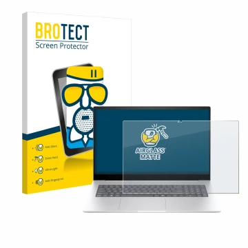 Face avant d’un emballage produit avec le logo de la marque BROTECT. À côté, l’appareil HP Envy 17 2024 est représenté avec la