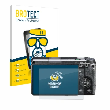 Face avant d’un emballage produit avec le logo de la marque BROTECT. À côté, l’appareil Ricoh GR IIIx HDF est représenté avec 
