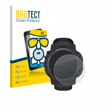 Face avant d’un emballage produit avec le logo de la marque BROTECT. À côté, l’appareil Garmin Instinct Crossover Solar est re