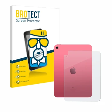 Face avant d’un emballage produit avec le logo de la marque BROTECT. À côté, l’appareil Apple iPad 10.9