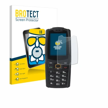 Face avant d’un emballage produit avec le logo de la marque BROTECT. À côté, l’appareil AGM M6 est représenté avec la protecti