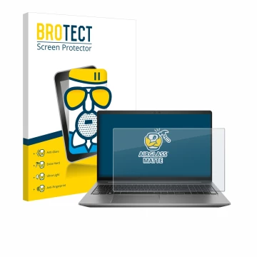Face avant d’un emballage produit avec le logo de la marque BROTECT. À côté, l’appareil HP Zbook Power 15 G10 est représenté a