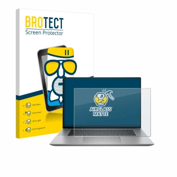 Face avant d’un emballage produit avec le logo de la marque BROTECT. À côté, l’appareil HP Zbook Studio 16 G10 est représenté 