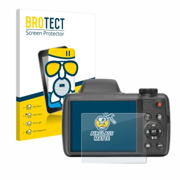 Face avant d’un emballage produit avec le logo de la marque BROTECT. À côté, l’appareil Kodak Pixpro AZ528 est représenté avec