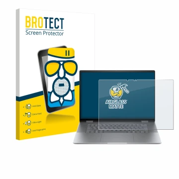 Face avant d’un emballage produit avec le logo de la marque BROTECT. À côté, l’appareil HP Envy x360 2-in-1 16 est représenté 