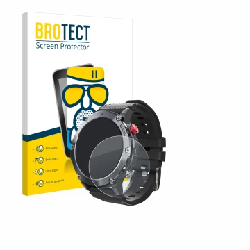 Face avant d’un emballage produit avec le logo de la marque BROTECT. À côté, l’appareil Darmowade Smartwatch 1.32