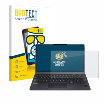 Face avant d’un emballage produit avec le logo de la marque BROTECT. À côté, l’appareil Fujitsu Lifebook U9312 est représenté 