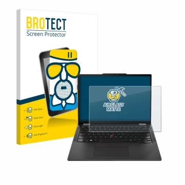 Face avant d’un emballage produit avec le logo de la marque BROTECT. À côté, l’appareil Lenovo ThinkPad X13 Gen 5 est représen