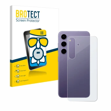 Face avant d’un emballage produit avec le logo de la marque BROTECT. À côté, l’appareil Samsung Galaxy S24 Enterprise Edition 