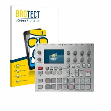 Face avant d’un emballage produit avec le logo de la marque BROTECT. À côté, l’appareil Elektron Syntakt E25 Remix Edition est