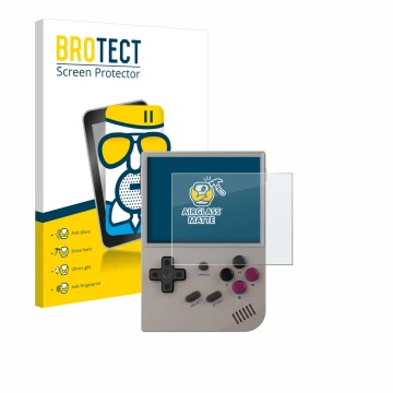 Face avant d’un emballage produit avec le logo de la marque BROTECT. À côté, l’appareil Anbernic RG35XX Plus est représenté av