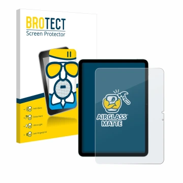 Face avant d’un emballage produit avec le logo de la marque BROTECT. À côté, l’appareil Apple iPad Air 11