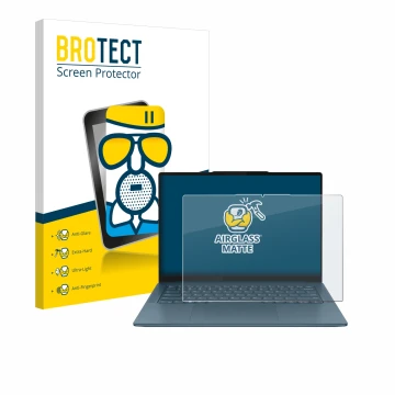 Face avant d’un emballage produit avec le logo de la marque BROTECT. À côté, l’appareil Lenovo Yoga Pro 7 Gen 9 14