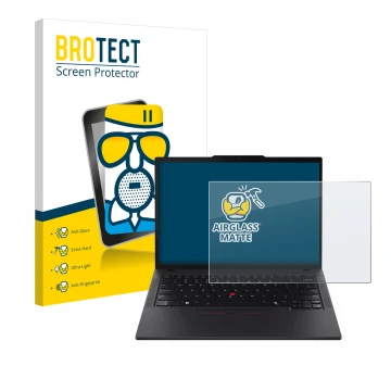 Face avant d’un emballage produit avec le logo de la marque BROTECT. À côté, l’appareil Lenovo ThinkPad T14s Gen 5 est représe