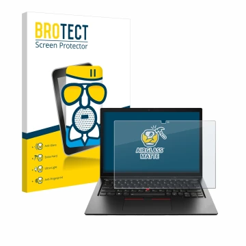 Face avant d’un emballage produit avec le logo de la marque BROTECT. À côté, l’appareil Lenovo ThinkPad L13 2-in-1 Gen 5 est r