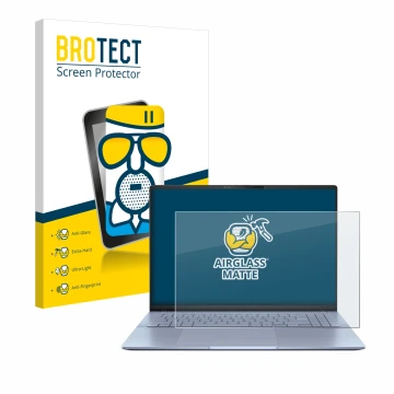 Face avant d’un emballage produit avec le logo de la marque BROTECT. À côté, l’appareil ASUS Vivobook S16 OLED S5606 est repré
