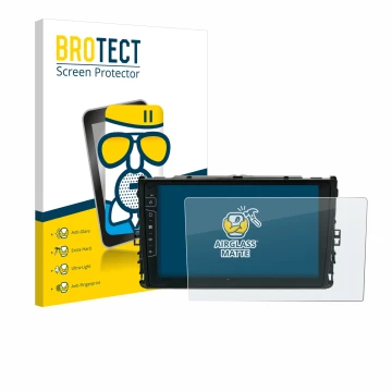 Face avant d’un emballage produit avec le logo de la marque BROTECT. À côté, l’appareil Dynavin D9-T6 est représenté avec la p