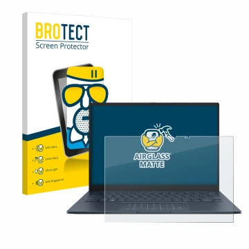 Face avant d’un emballage produit avec le logo de la marque BROTECT. À côté, l’appareil ASUS ZenBook 14 OLED UX3405 Touch est 