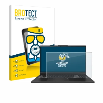 Face avant d’un emballage produit avec le logo de la marque BROTECT. À côté, l’appareil ASUS VivoBook Pro 15 OLED N6506 est re