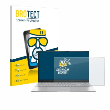 Face avant d’un emballage produit avec le logo de la marque BROTECT. À côté, l’appareil ASUS Vivobook S 15 S5507 est représent
