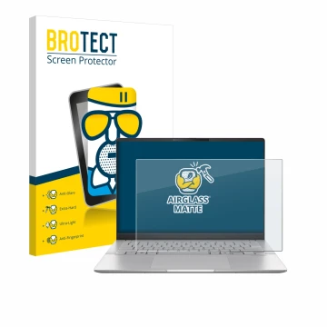 Face avant d’un emballage produit avec le logo de la marque BROTECT. À côté, l’appareil ASUS Vivobook S 14 OLED M5406 est repr