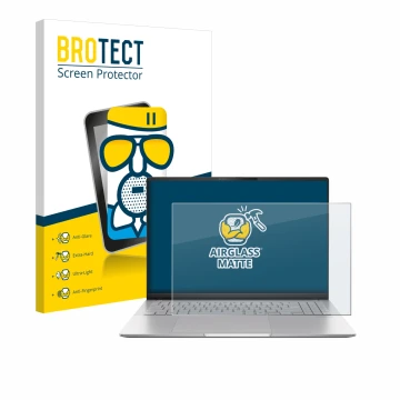 Face avant d’un emballage produit avec le logo de la marque BROTECT. À côté, l’appareil ASUS Vivobook S16 OLED M5606 est repré