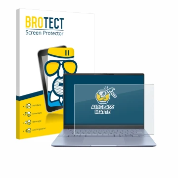 Face avant d’un emballage produit avec le logo de la marque BROTECT. À côté, l’appareil ASUS Vivobook S 14 OLED S5406 est repr