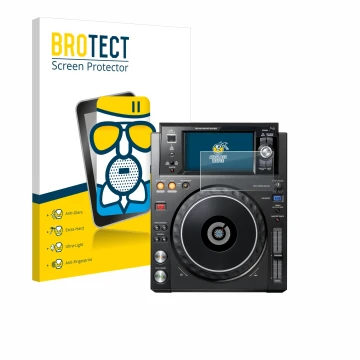Face avant d’un emballage produit avec le logo de la marque BROTECT. À côté, l’appareil Pioneer XDJ -1000MK2 est représenté av