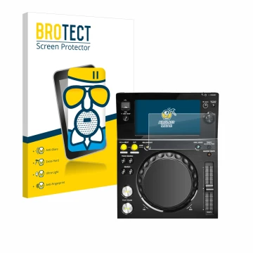 Face avant d’un emballage produit avec le logo de la marque BROTECT. À côté, l’appareil Pioneer XDJ -700 est représenté avec l