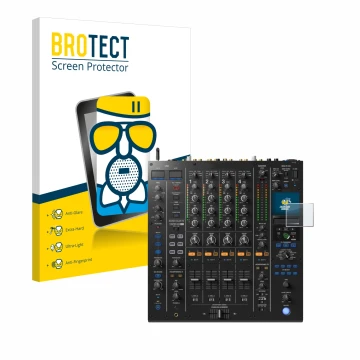 Face avant d’un emballage produit avec le logo de la marque BROTECT. À côté, l’appareil Pioneer DJM A9 est représenté avec la 